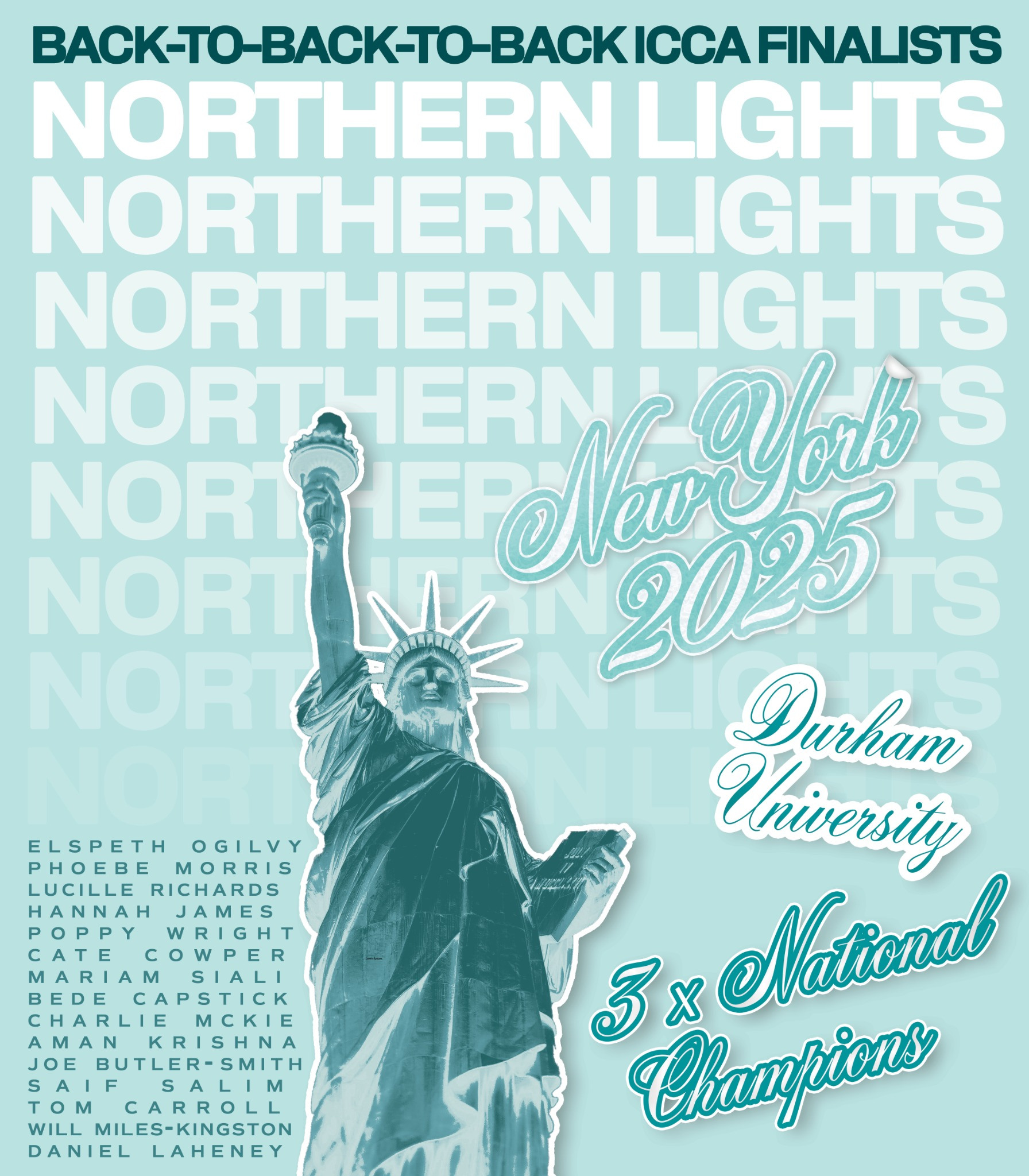 Northern Lights New York 2025 T-shirt artwork on an aqua background
